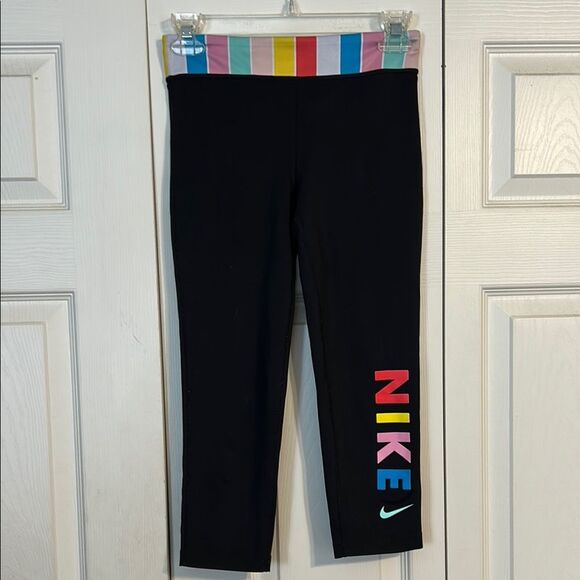 NIKE Dri-Fit Large Black Rainbow Cropped Leggings Compression Stretch Athletic - Picture 1 of 7